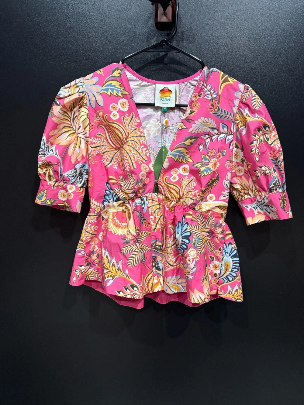 FARM Rio Pink Tropical Floral Tie-Front Puff Sleeve Top